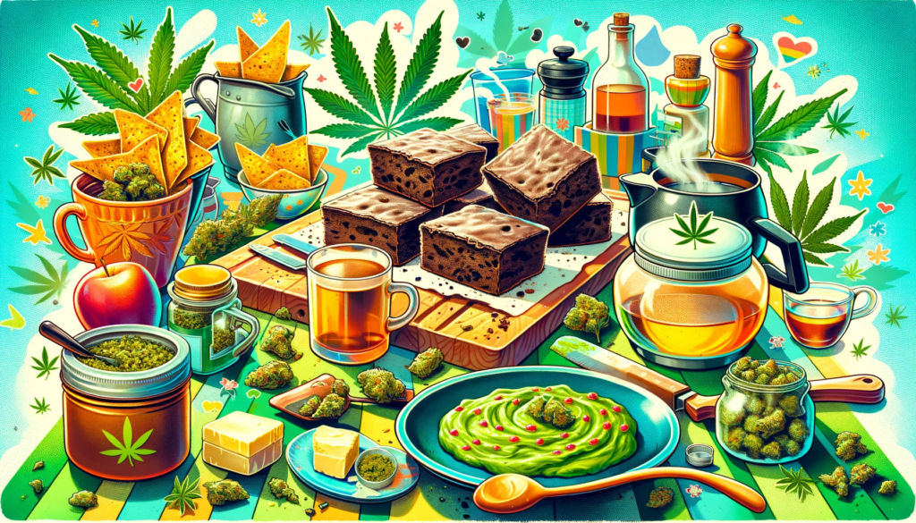 DALL·E 2023 11 18 16.28.27 A collage style illustration in a bright and vibrant kitchen setting showcasing various cannabis infused recipes. The scene includes a plate of fresh