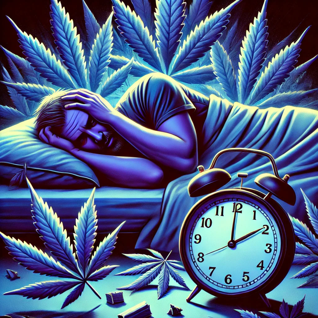 DALL·E 2024 10 27 08.49.23 A symbolic image depicting sleep disturbances related to cannabis withdrawal. It shows a person lying in bed with restless expressions surrounded by