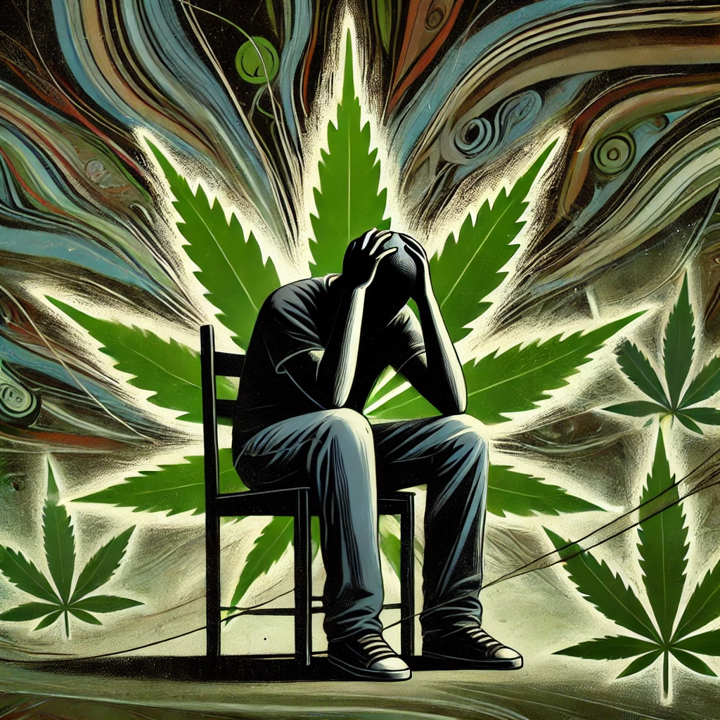 DALL·E 2024 10 27 08.49.24 A symbolic image depicting anxiety during cannabis withdrawal. The image shows a person sitting on a chair with their hands on their head surrounded