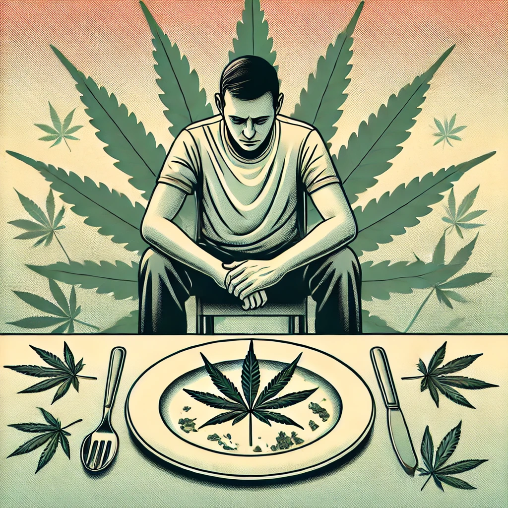 DALL·E 2024 10 27 08.49.26 A symbolic image representing appetite loss during cannabis withdrawal. The image features a person sitting at a table staring at an untouched plate